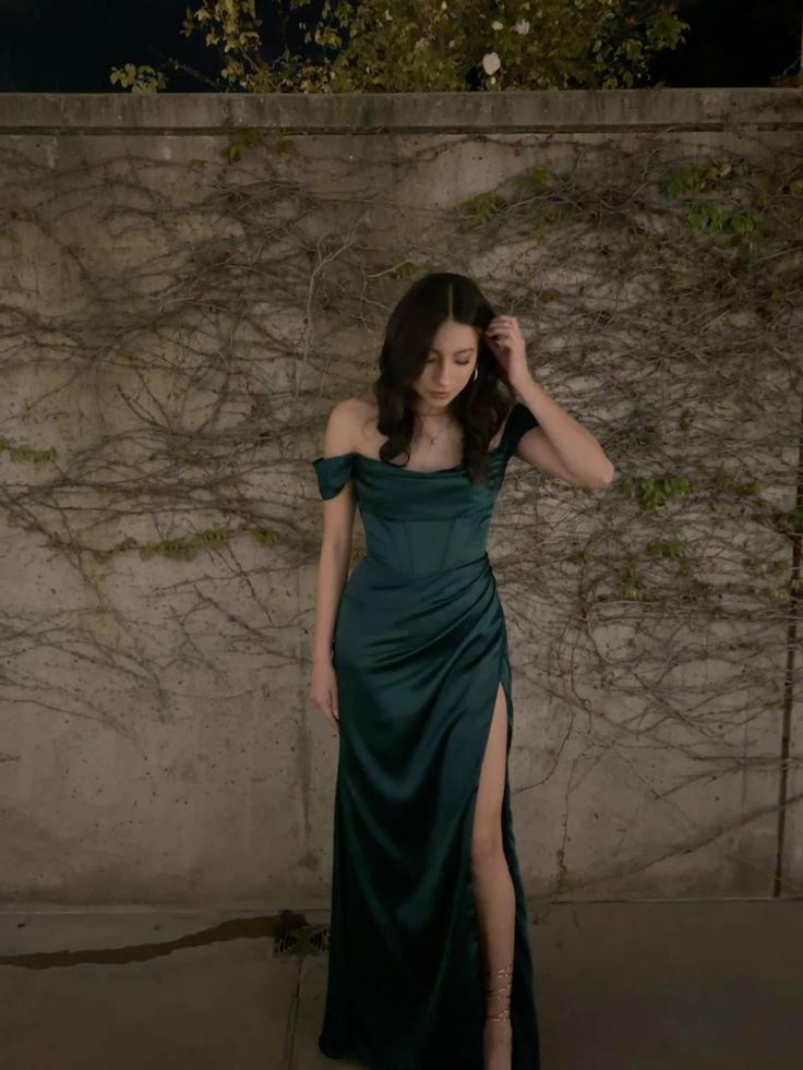 Off Shoulder Side Slit Dark Green Satin Long Evening Prom Dresses fg6721