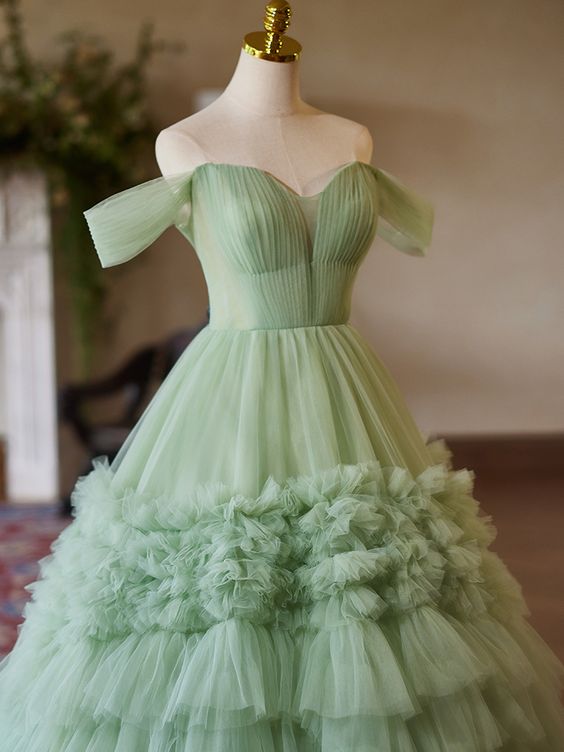 A-Line off Shoulder Tulle Green Long Prom Dress, Green Sweet 16 Dress fg6744