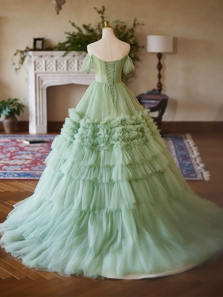 A-Line off Shoulder Tulle Green Long Prom Dress, Green Sweet 16 Dress fg6744