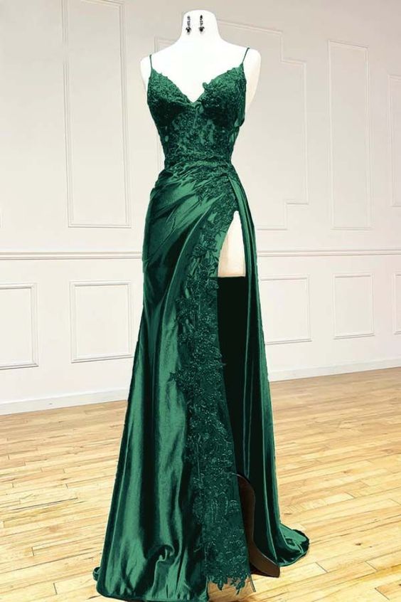 V Neck Satin Lace Long Prom Dress, Green Lace Long Evening Dress fg6724