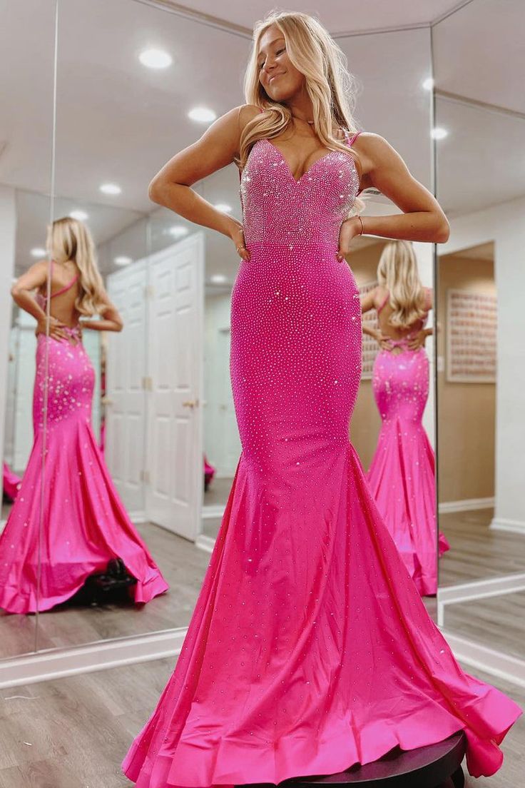 Hot Pink V Neck Satin Mermaid Long Prom Dresses with Beaded fg6746