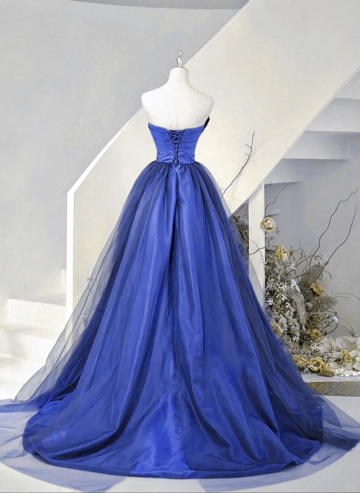 Blue Satin And Tulle Long Party Dress Prom Dress, Blue Evening Dress fg6736