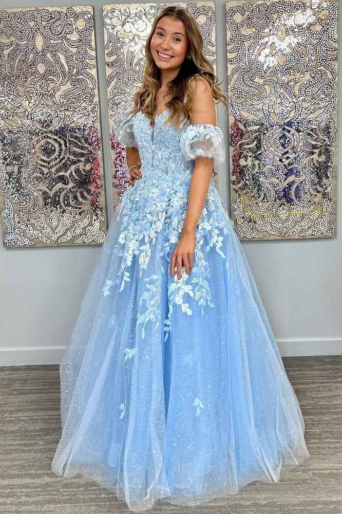 A-Line Appliques Plunge V Long Prom Dress with Detachable Sleeves fg6370