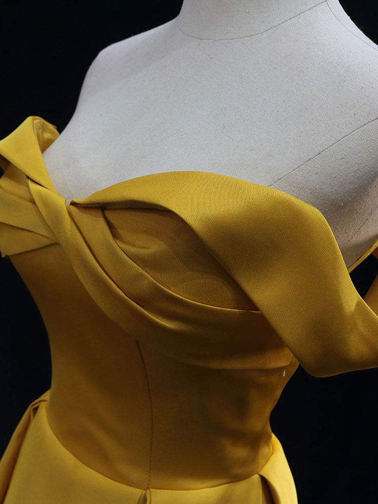 Simple Off Shoulder Yellow Satin Long Prom Dress, Yellow Formal Evening Dress fg6749