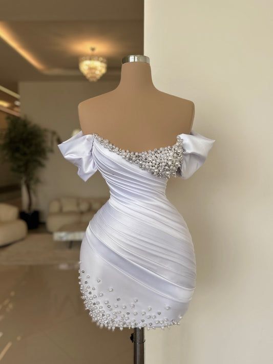White Short Prom Dress Sheath Off the Shoulder Pearls Mini Cocktail Club Gowns Satin Pleated Party Dresses fg6269