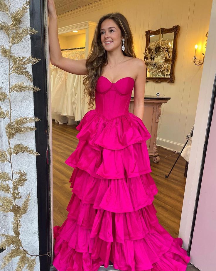 Fuchsia Ruffle Long Prom Dress Sweetheart Evening Gown fg6343