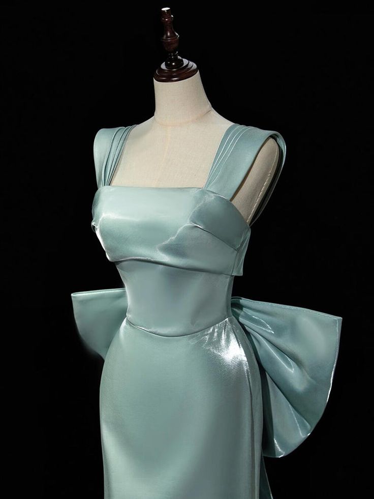 Simple Satin Bow Tie Green Long Prom Dress, Green Long Formal Dress fg6091