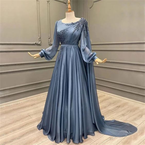 Elegant Blue Chiffon Gown with Embellished Sleeves Evening Dress fg6652