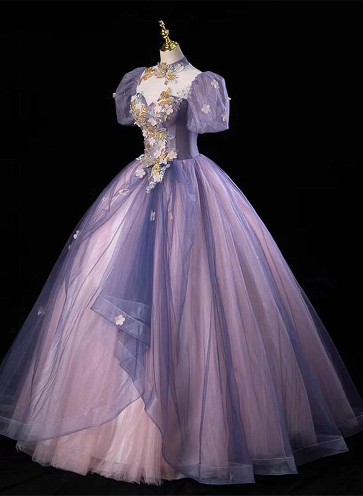 Purple Tulle Puff Sleeve Appliques Quinceanera Dress Evening Dress fg6750
