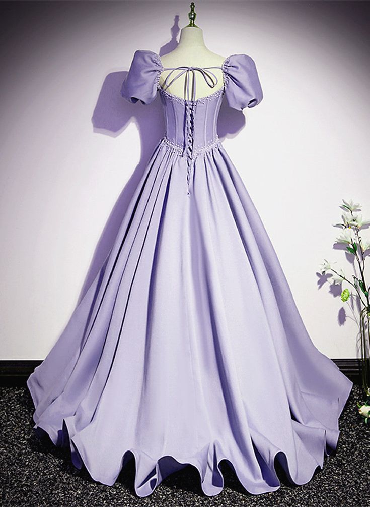 Satin Short Sleeves Beaded Party Dress, A-line Long Prom Dress fg6423