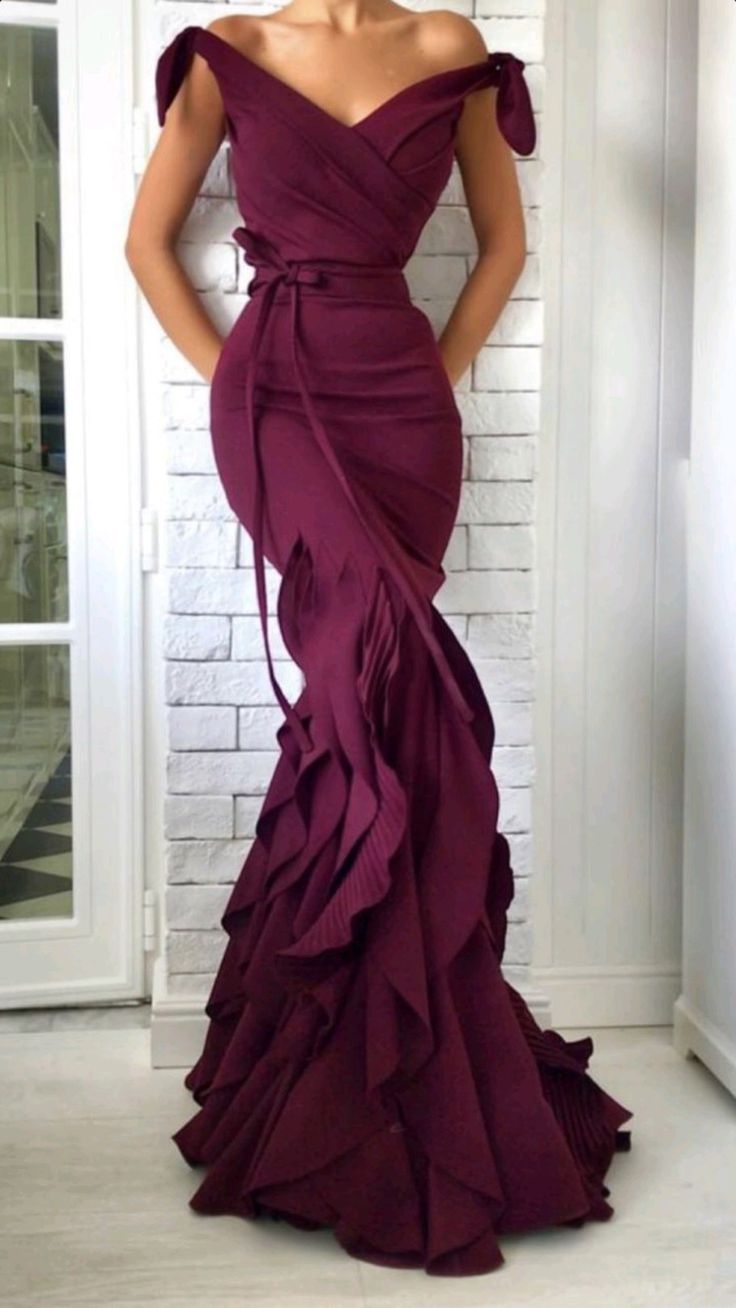 V-Neck Off Shoulder Evening Gown with Elegant Bow Tie at Waist fg6329