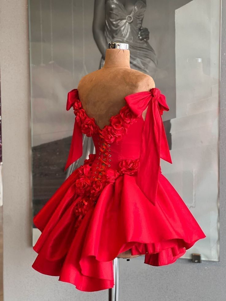 Red Cocktail Party Dress with 3D Flowers Off The Shoulder Elegant Evening Gown for Women fg6589