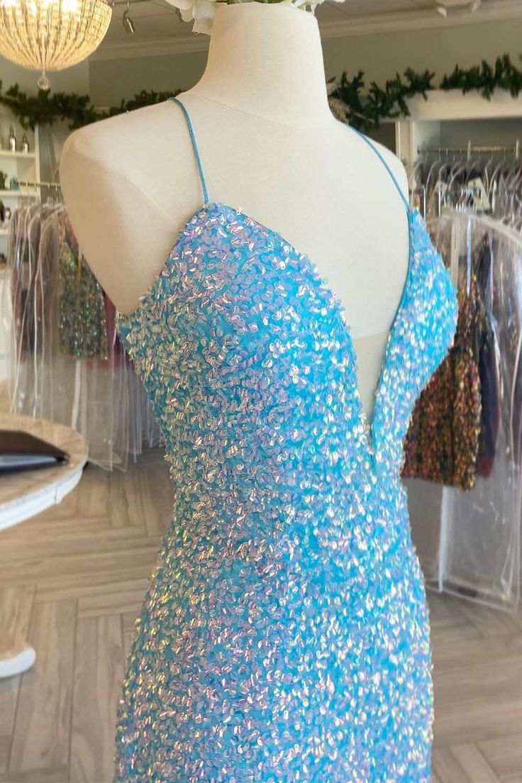 Blue Iridescent Sequin Lace-Up Long Prom Dress with Slit fg6608