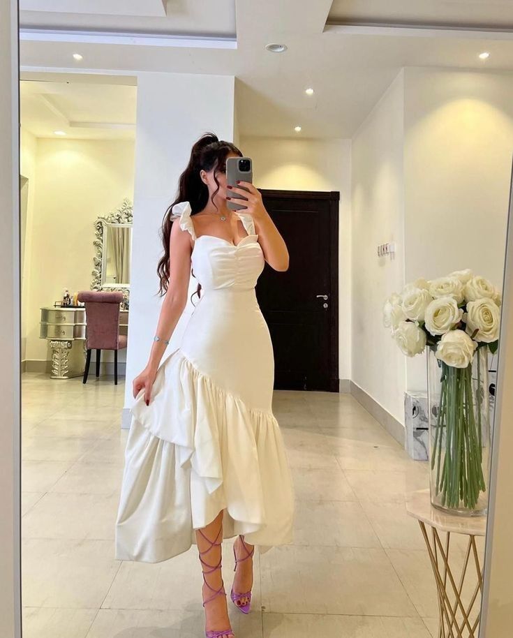 White Straps Ruffle Mermaid Party Gown Arabia Prom Dresses For Women fg6319