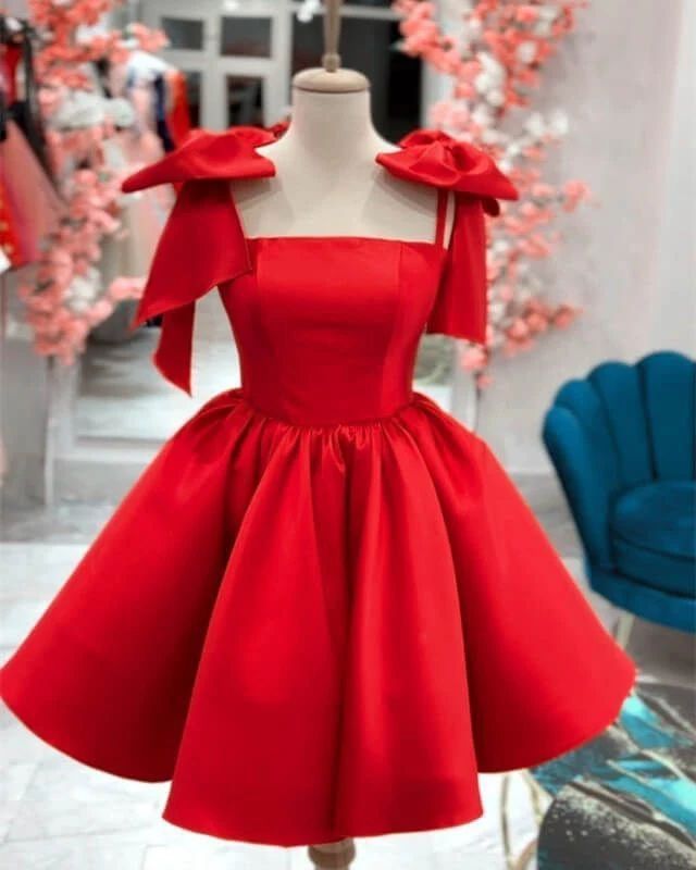 A Line Homecoming Dresses 2024 Bow Strap Satin Prom Cocktail Party Gown fg6222