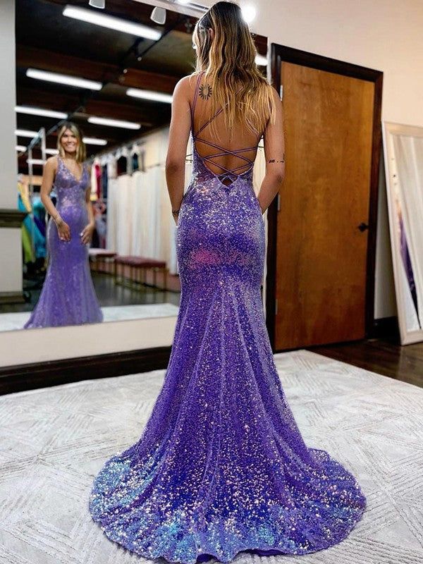 Sheath/Column V-Neck Court Train Sequins Prom Dresses fg6213