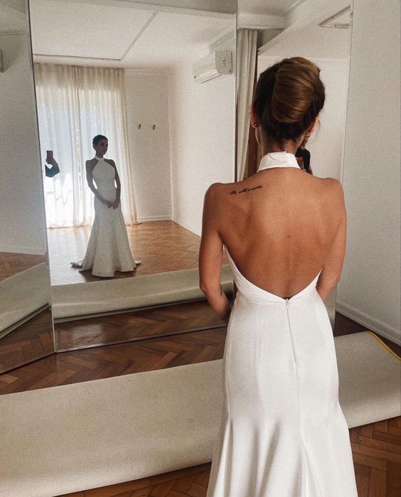 Long Simple Wedding Dress Halter Backless Bridal Gown fg6348