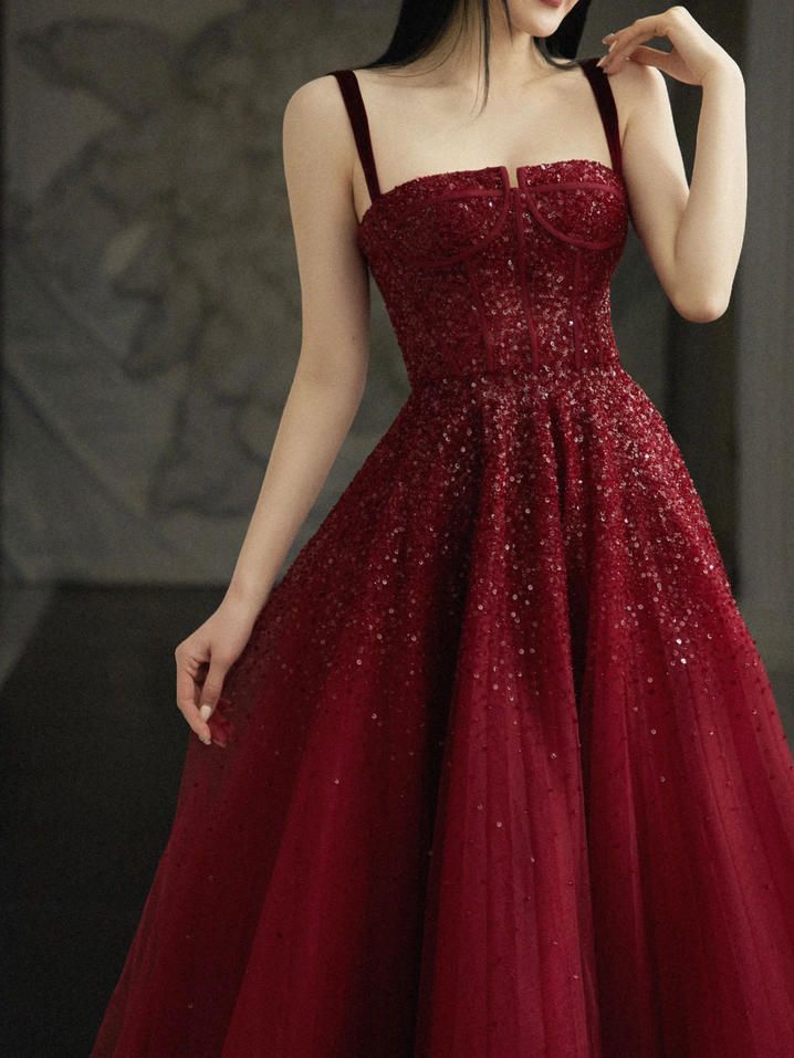 Burgundy Prom Dresses A line Straps Tulle Evening Dresses fg6734