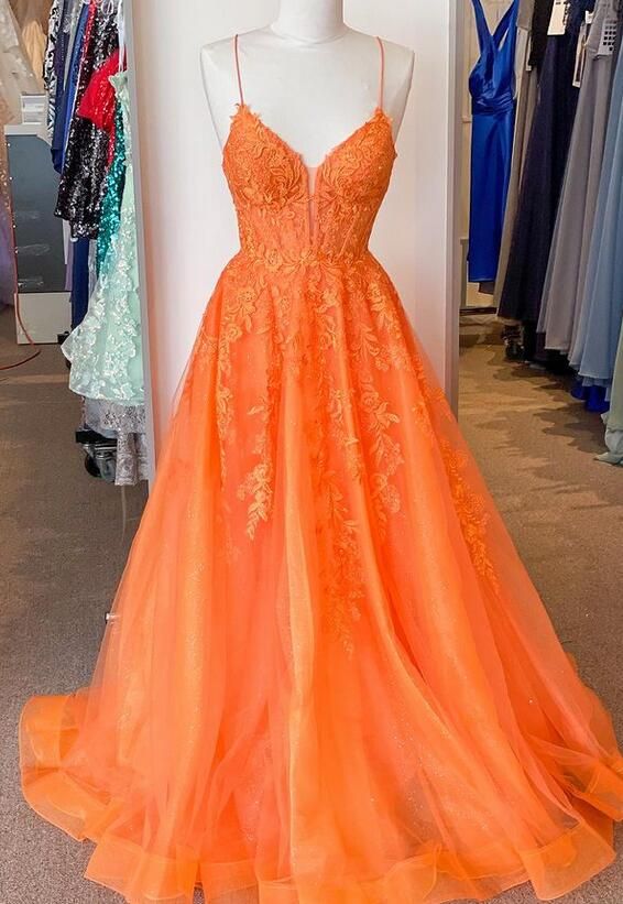 Orange Straps Lace/Tulle Long Prom Dress fg6486