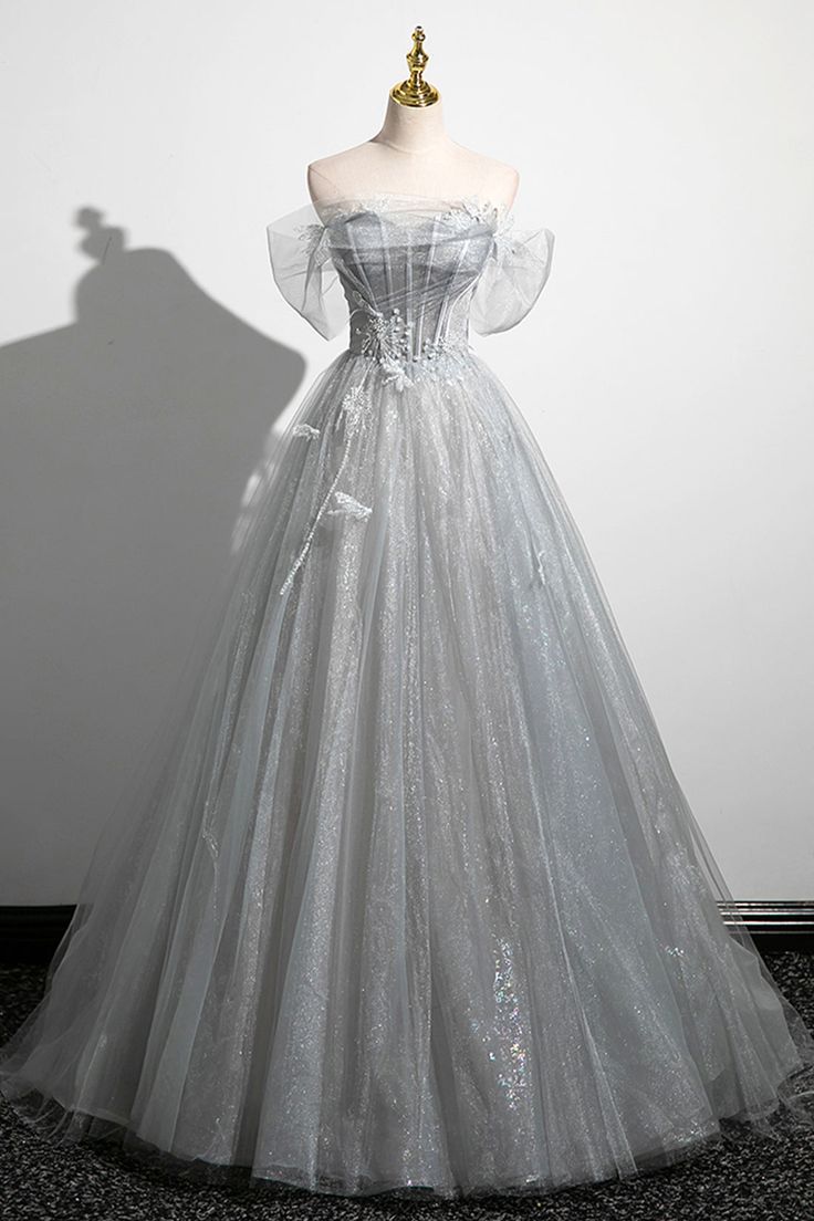 Gray A-Line Off the Shoulder Tulle Prom Dress, Lovely Corset Floor Length Party Dress fg6478