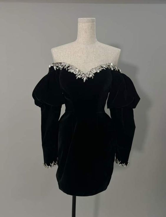 Puff sleeve mini dress, elegant black long sleeve short evening dress fg6107