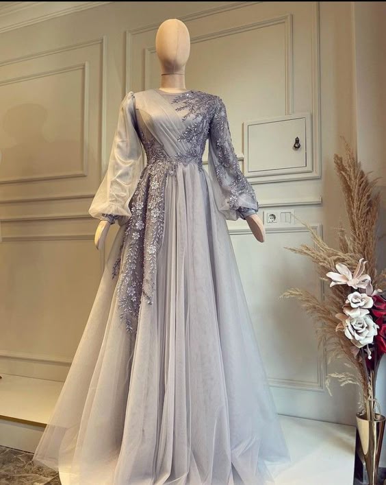 Elegant Muslim Evening Dress Long Sleeves Appliques Special Occasion Party Dress fg6679