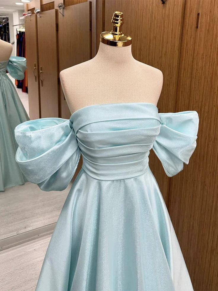 A Line Off Shoulder Satin Blue Long Prom Dresses, Off The Shoulder Blue Satin Long Formal Evening Dresses fg6309