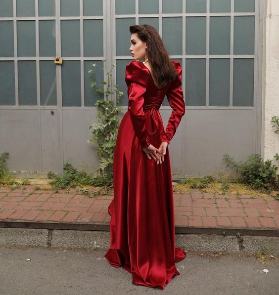 Square Neck Long A Line Evening Gown Burgundy Long Sleeves Satin Formal Prom Party Dress fg6143