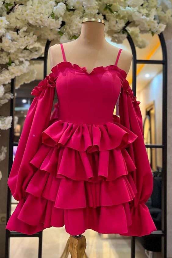 Spaghetti Straps Ruffled Long Sleeves Layers Homecoming Dress fg6594