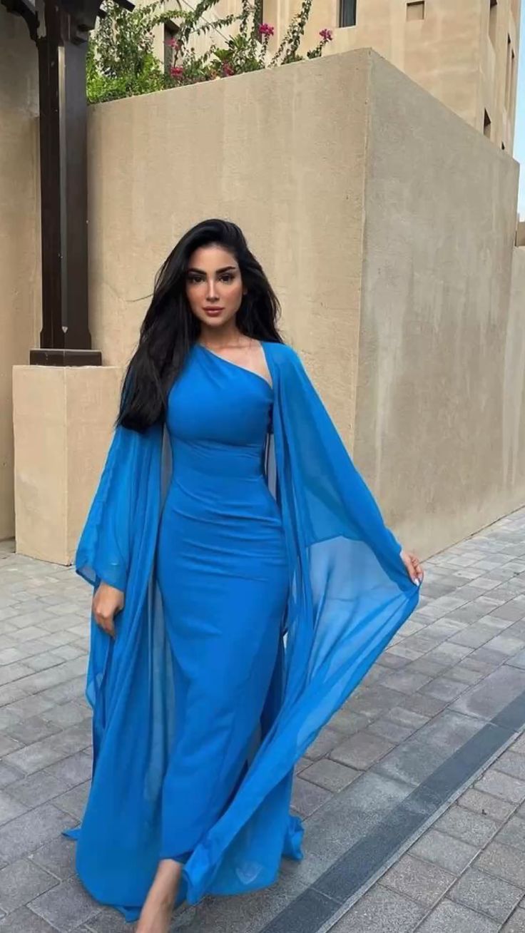 Vintage Long Blue Chiffon Evening Dress Sheath Muslim Floor Length Prom Dress fg6429