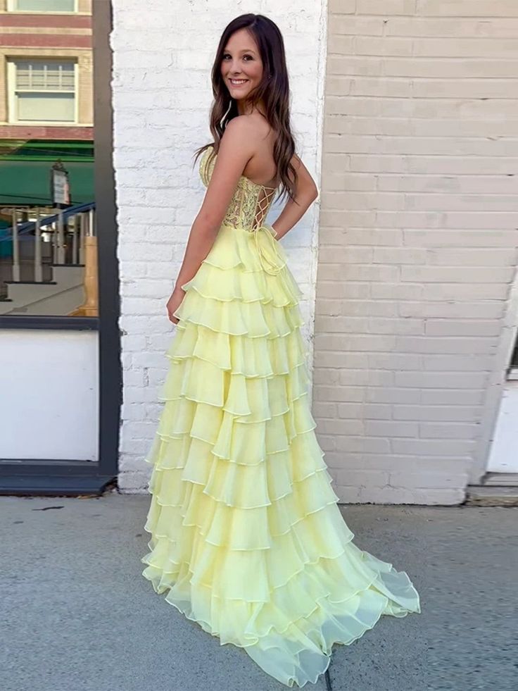 Strapless Layered Yellow Lace Top Long Prom Dresses, Long Yellow Formal Dresses, Yellow Chiffon Evening Dresses fg6690