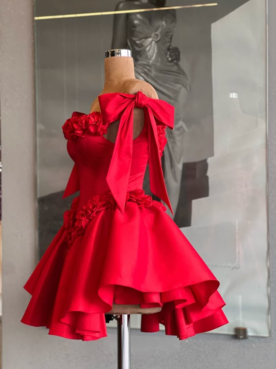 Red Cocktail Party Dress with 3D Flowers Off The Shoulder Elegant Evening Gown for Women fg6589