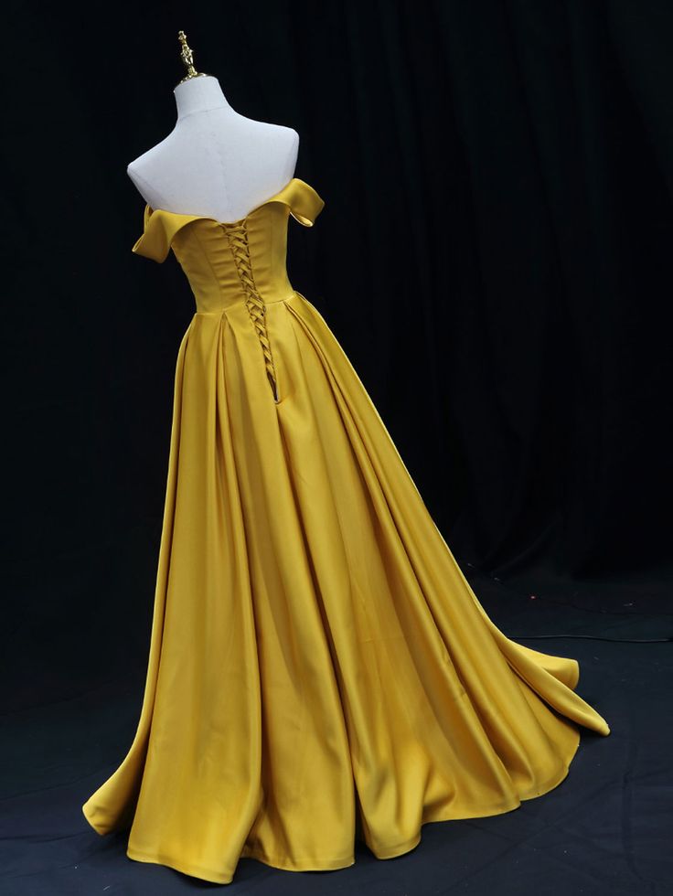 Simple Off Shoulder Yellow Satin Long Prom Dress, Yellow Formal Evening Dress fg6749