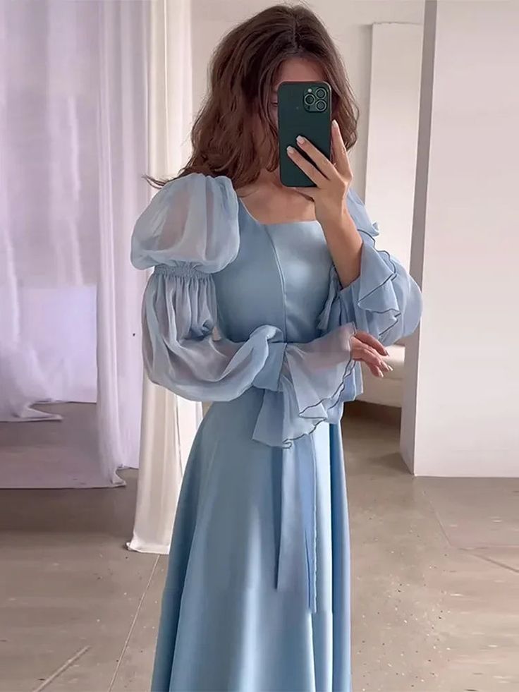 Light Blue Puff Sleeves Long Evening Dress fg6688