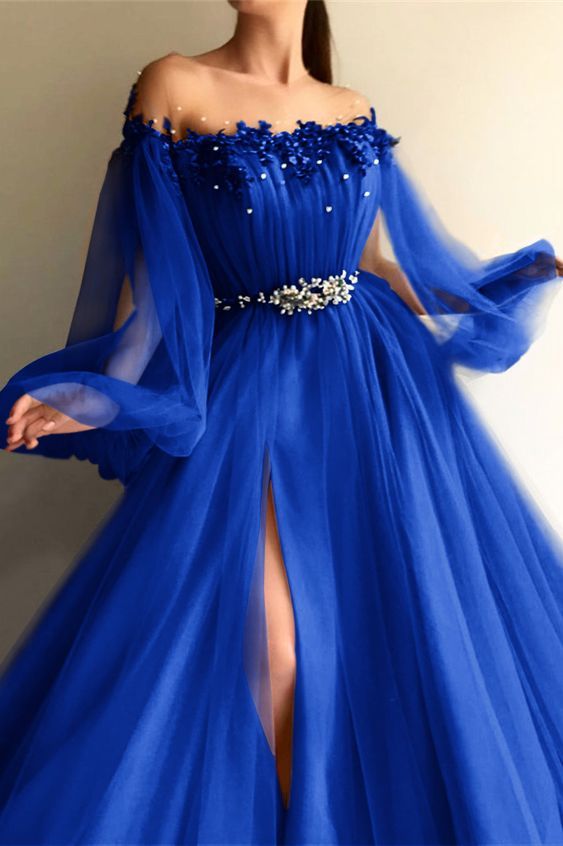 Schickes Off-the-Shoulder Lange Ärmel Elegantes Abendkleid mit Perlen fg6223