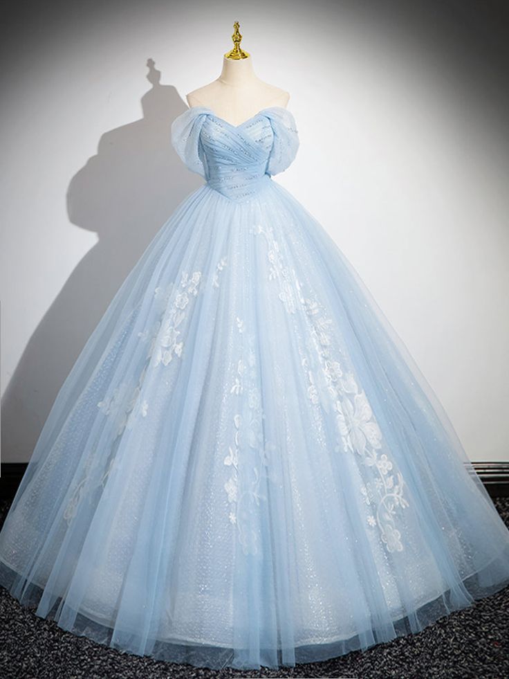 A-Line Off Shoulder Tulle Sequin Blue Long Prom Dress, Blue Sweet 16 Dress fg6727