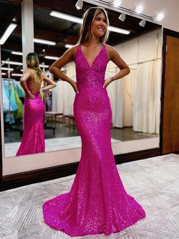 Sheath/Column V-Neck Court Train Sequins Prom Dresses fg6213