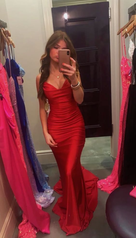 Red V-Neck Mermaid Long Prom Dresses fg6709