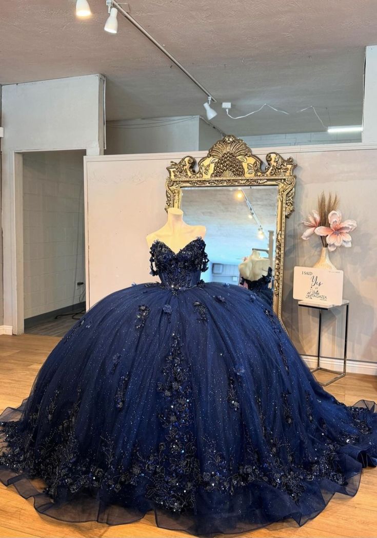 Navy Blue Mexican Quinceanera Dress Floral Applique Beaded Crystal Corset Sweet 16 Dress fg6806