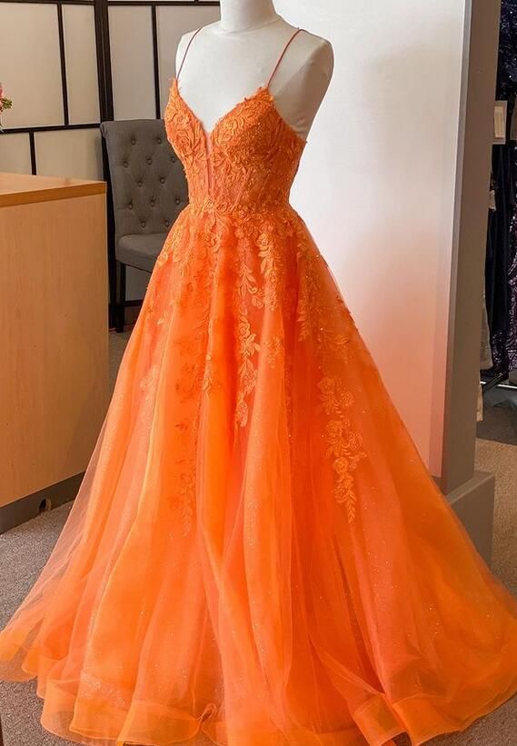 Orange Straps Lace/Tulle Long Prom Dress fg6486