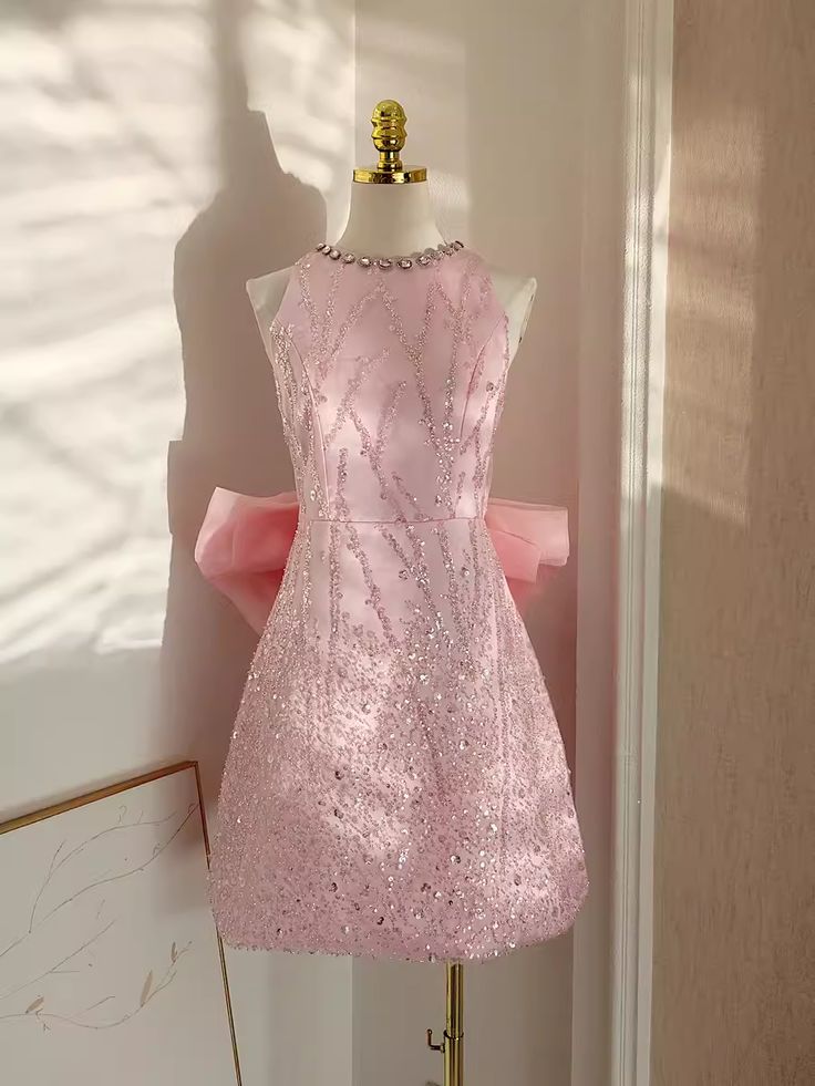 Sexy A line Scoop Pink Sequin Travel Vacation Dress Short Birthday Dress fg6374