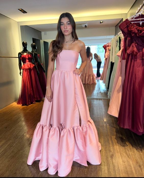 Elegant Pink Satin Strapless Evening Dress Women A-Line Prom Dress Simple Formal Occasion Dress Party Dress fg6300
