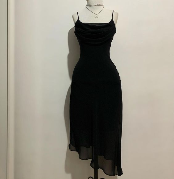 Schwarzes Chiffon Midi-Ballkleid, Schwarzes Partykleid fg6077