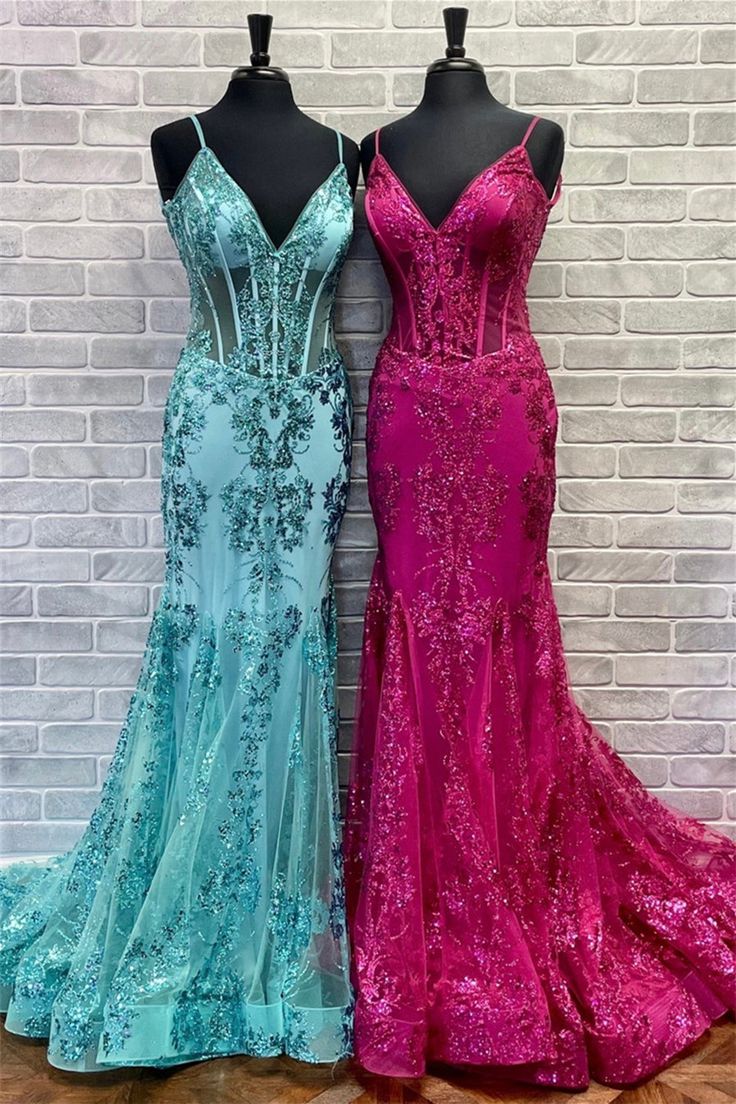 Fuchsia Mermaid Sequined Embroidery Tulle Long Prom Dress fg6349