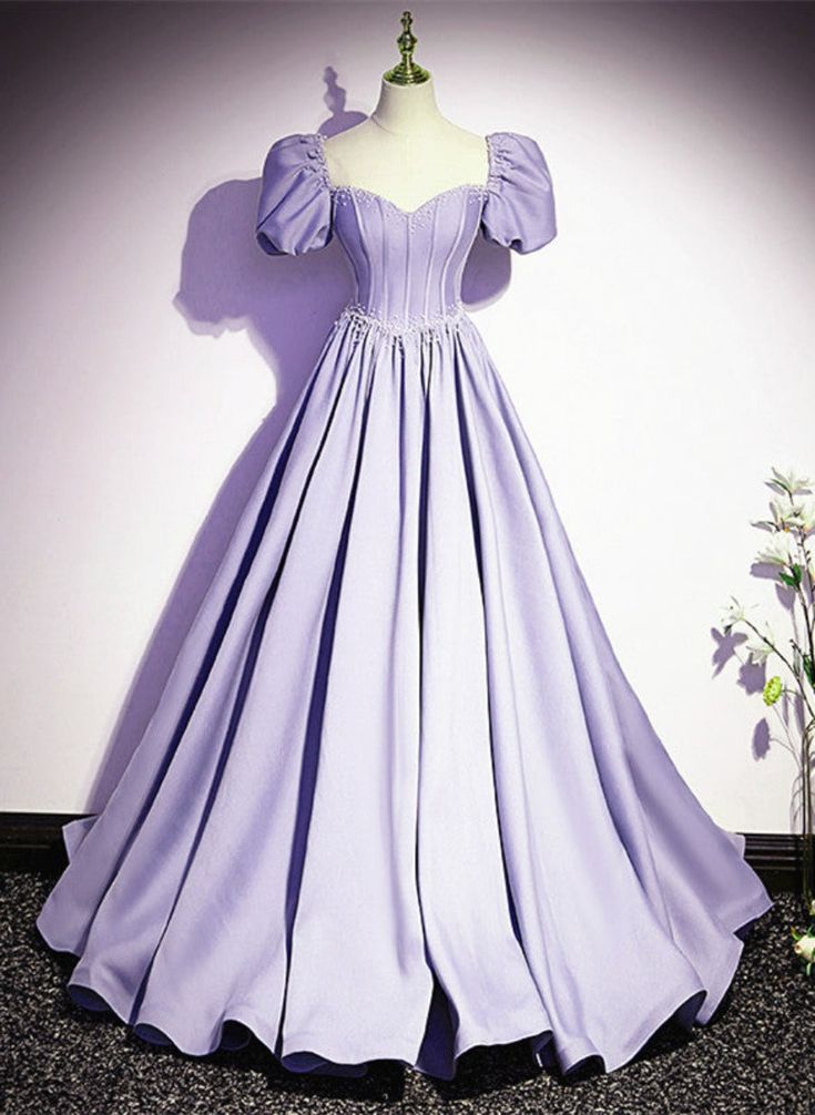 Satin Short Sleeves Beaded Party Dress, A-line Long Prom Dress fg6423