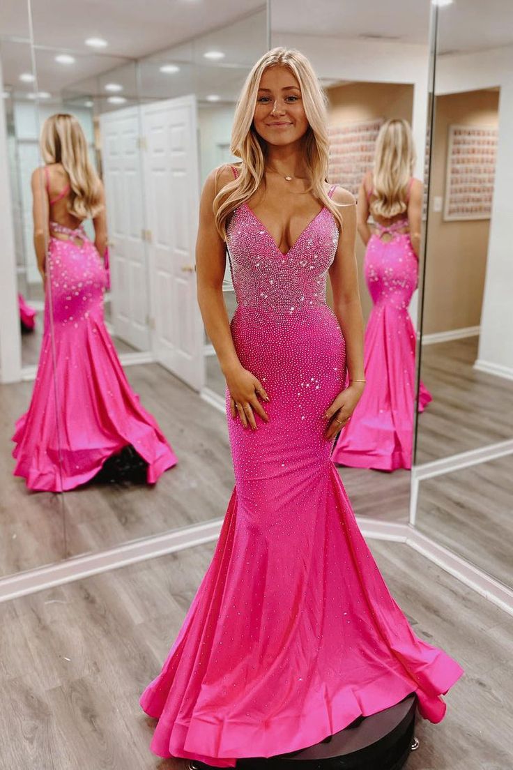 Hot Pink V Neck Satin Mermaid Long Prom Dresses with Beaded fg6746