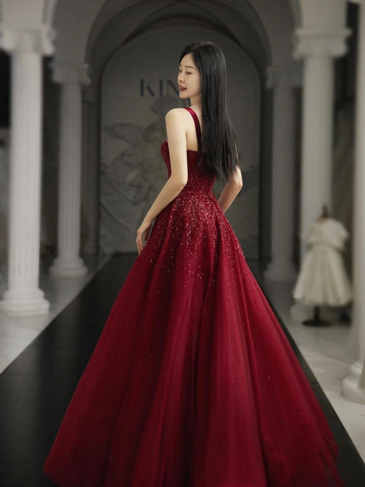 Burgundy Prom Dresses A line Straps Tulle Evening Dresses fg6734