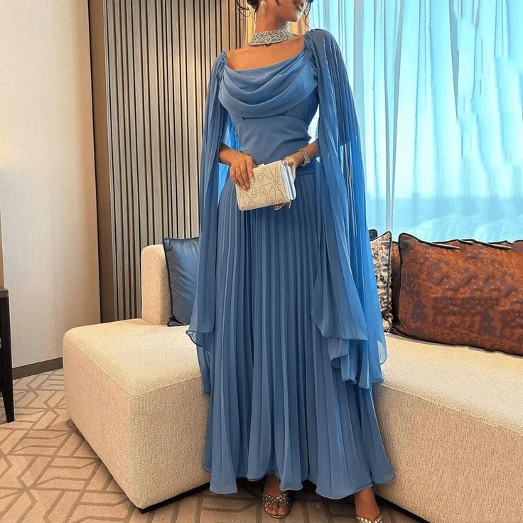 Elegant Blue Chiffon Prom Dresses,A-Line Ankle Length Party Dress fg6434