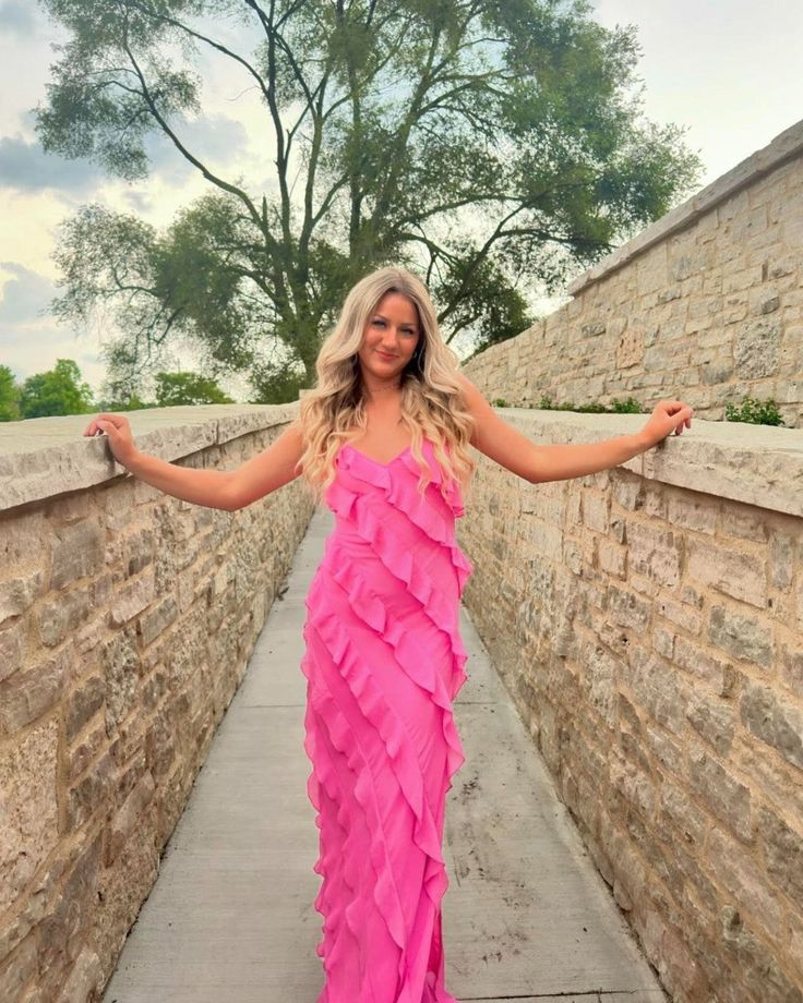 Pink Chiffon Ruffle Party Dress Long Prom Dress fg6396