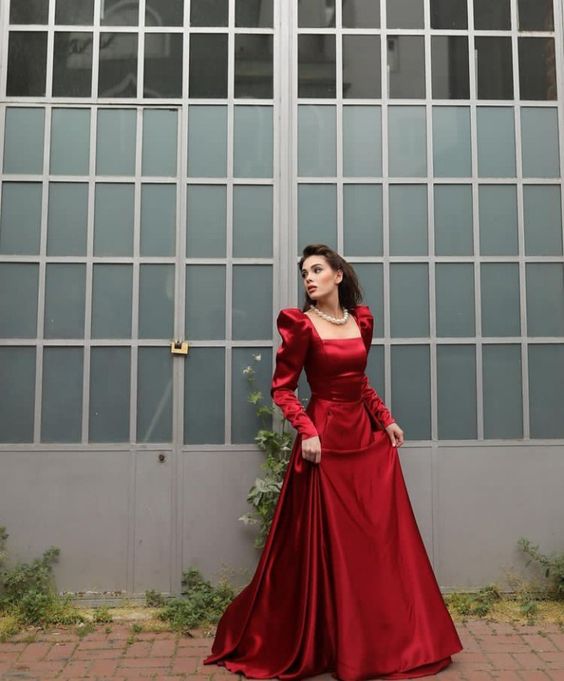 Square Neck Long A Line Evening Gown Burgundy Long Sleeves Satin Formal Prom Party Dress fg6143